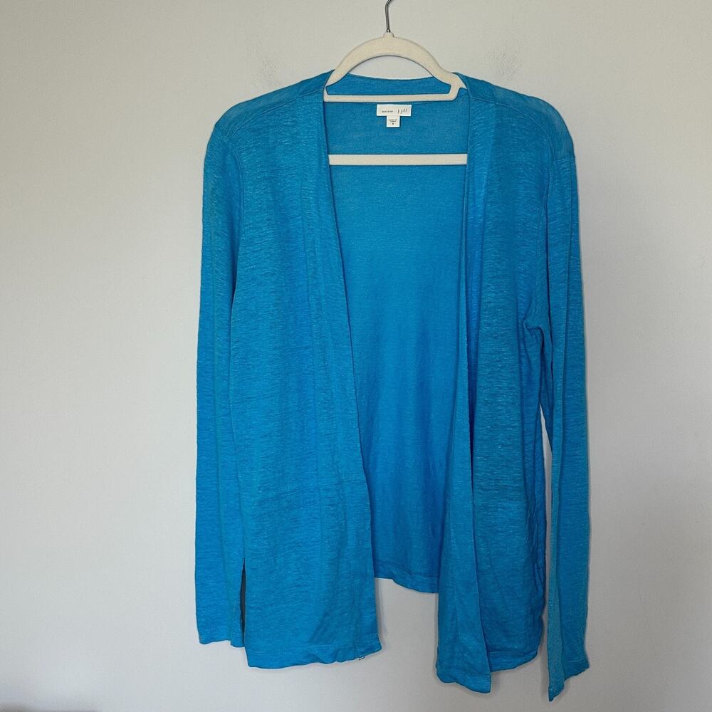 J. Jill 100% Linen Cardigan Womens Medium Open Front Blue Long Sleeve Minimalist